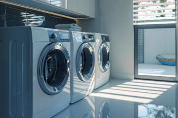 Empty indoor laundry room with washing machine and dryer