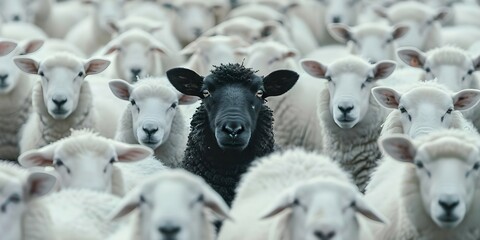 Closeup of black sheep among white flock symbolizing uniqueness and nonconformity within a group....