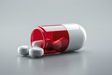 A red-white capsule of medicine, coming out of a pill bottle, ultra realistic, generated with AI