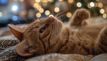 A real photo of a cheeky ginger cat lying on his back and looking up at the ceiling, in a cosy room, generated with AI - obrazy, fototapety, plakaty