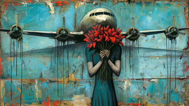 a painting of a woman holding a bouquet of flowers in front of an airplane with drops of paint on it.