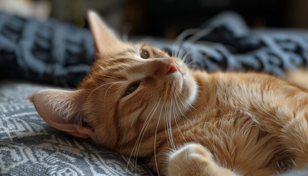A real photo of a cheeky ginger cat lying on his back and looking up at the ceiling, in a cosy room, generated with AI