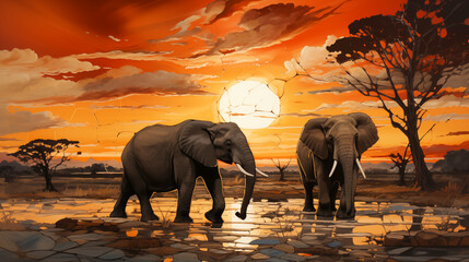 Golden Sunset Over Savannah With Elephants