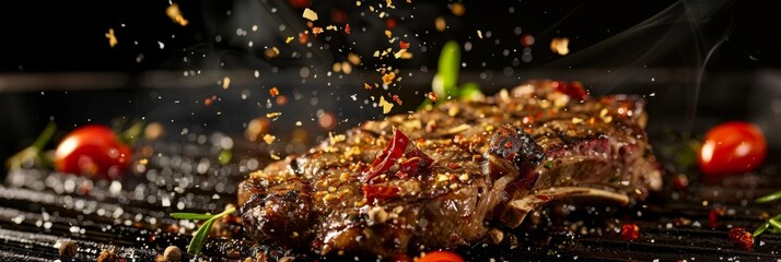 Beef ribs, delicious juicy beef ribs with spices and sauce close-up on a board on a dark background, banner - obrazy, fototapety, plakaty
