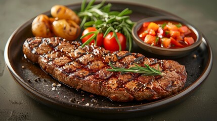 Grilled Steak Garnished with Rosemary, Sea Salt, and Pepper, Served with Roasted Potatoes and Fresh Salad