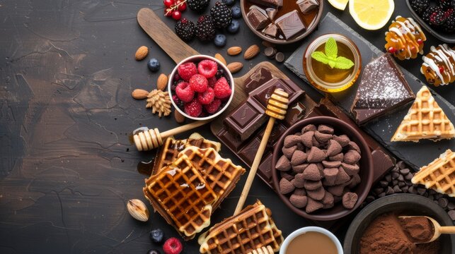  a table topped with waffles, chocolate, raspberries, and other desserts next to a cup of coffee.