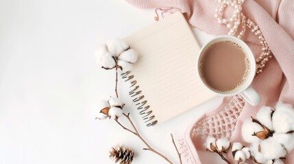 A stylish and creative arrangement of feminine accessories, including a cotton branch, notebook,
