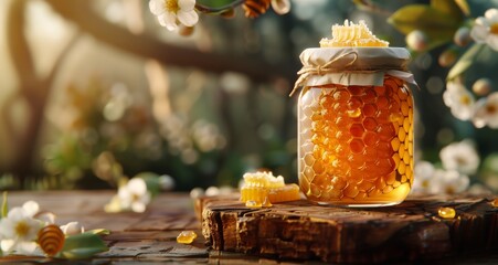 La luz del sol besa un tarro de miel, cuyo contenido dorado brilla con la promesa de dulzura, mientras los diligentes artesanos de la naturaleza elaboran este tesoro de ámbar líquido. - obrazy, fototapety, plakaty