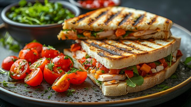Grilled Panini with Turkey, Cheddar, and a Side of Cherry Tomatoes on a Bed of Arugula