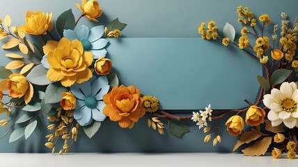 Modern elegant floral banner design with mustard yellow color and dusty teal color qnd empty space for text, floral frame 
