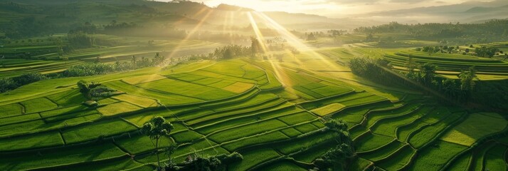 Bird's eye view of agricultural cultivated seeded fields, rice farmland in the rays of the rising sun, banner