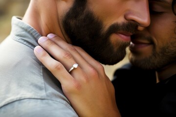 A gay couple's proposal, with one partner offering an engagement ring to the other partner, their eyes locked in a loving gaze
