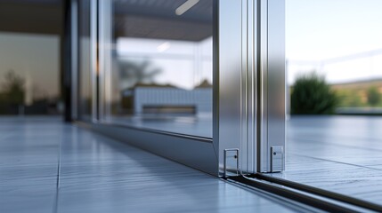 A UHD close-up of a minimalist sliding glass door mechanism, its smooth operation and clean lines highlighted against the neutral background, offering both functionality and style.