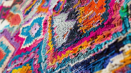 A UHD close-up of a Moroccan-inspired rug with intricate patterns and vibrant hues, adding a pop of...