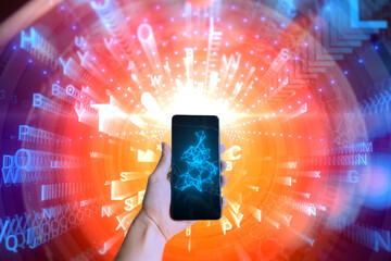 Phone with a blue bright hologram in hand. Concept of artificial neural networks, neuromorphic computing, machine learning, AI, big data, large language model and neural network.