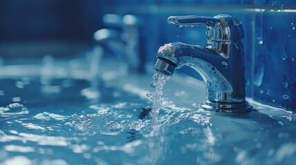 Close up of a tap with a drop of water. the tap is on the side. the background is minimal blue. space for text on the side, generated with AI