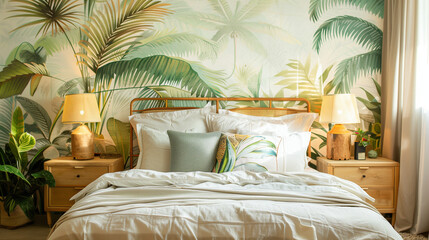 Cozy bedroom with the the tropical plants wall mural and decorations