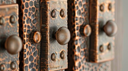 A UHD close-up of a row of decorative door hinges with hammered copper finish, their artisanal craftsmanship and rustic patina adding character and charm to the interior against the neutral backdrop.