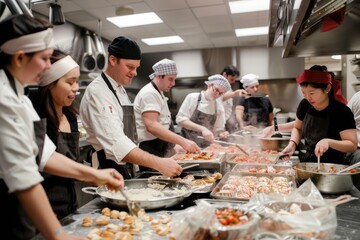 A group of individuals working together to prepare food in a kitchen setting, showcasing teamwork and culinary skills