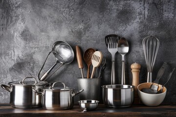 Collection of essential culinary tools and equipment, including pots, pans, spatulas, and mixing bowls, displayed on a table