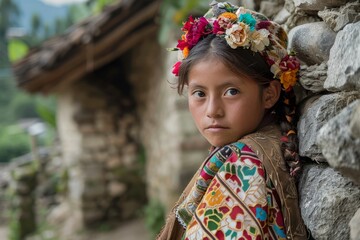 A young girl wears a flower in her hair, showcasing traditional cultural adornment