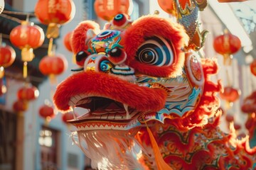 A red dragon head is suspended on the side of a building, part of Lunar New Year festivities and cultural celebrations