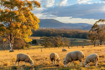Australian countryside rural autumn landscape. Group of sheep grazing in paddock at farm - obrazy, fototapety, plakaty