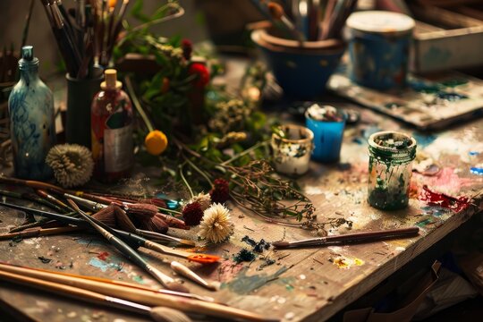 A table cluttered with various paintbrushes and tubes of paint, showcasing a creative workspace for painting