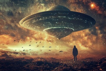 A person is standing in front of a massive extraterrestrial object, possibly a spaceship or structure, in a remote location - obrazy, fototapety, plakaty