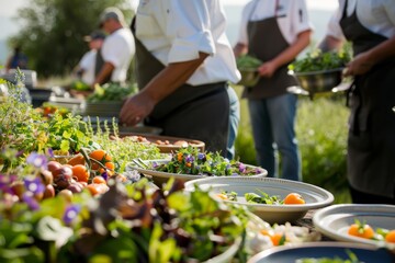 A group of diverse individuals standing around a table laden with various dishes and ingredients, showcasing the farm-to-table concept in action