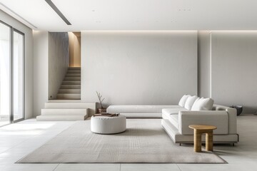 Fototapeta na wymiar A minimalist living room featuring a sleek white couch and a matching white rug in a contemporary design setting