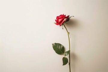 A single red rose elegantly placed on top of a white wall, creating a minimalist composition with a focus on simplicity and beauty