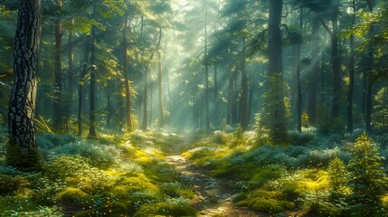 Forest with a path through it. The path is surrounded by trees and the sunlight is shining through the leaves