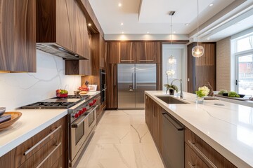 A sleek modern kitchen featuring a stove top oven next to a refrigerator, with high-end appliances and streamlined cabinetry