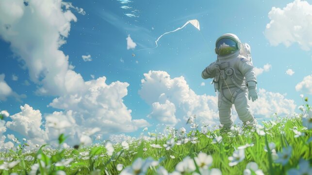 Blue sky and white clouds, green grass and blooming flowers, the subject of the picture is an astronaut standing on the grass and flying a kite;elaborate, 3d, c4d rendering, 8k, generated with AI