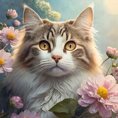 fluffy cat and pink flowers