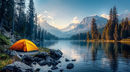 Small orange tent is set up by a lake in the woods. The scene is peaceful and serene, with the water reflecting the surrounding trees and mountains. The tent is a cozy spot for someone to relax - obrazy, fototapety, plakaty