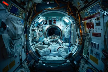 A man wearing a space suit is laying down inside a space station, surrounded by the zero gravity environment - Powered by Adobe