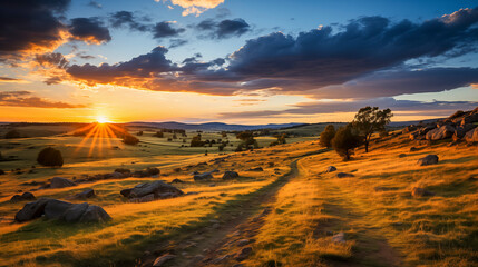Obraz premium Beautiful sunset over a field with a path leading through it. The sky is filled with clouds, creating a moody atmosphere