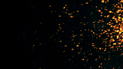 Dark Glitter Fire Lights Rise Through Smoke, Fog, and Misty Texture Over Black Background, Burning Sparks in this Abstract Composition, Red Glowing Ember Particles.