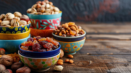 Assorted Nuts and Dried Fruits in Colorful Bowls - obrazy, fototapety, plakaty