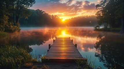 Beautiful sunset over a lake with a wooden bridge in the foreground. The water is calm and the sky is filled with warm colors