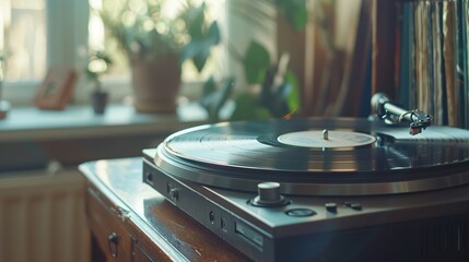 A UHD close-up of a vintage record player with a curated collection of vinyl records, inviting you...
