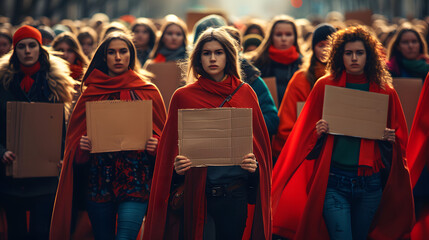 hundreds of people of different age and height walking towards us wearing a red cape and holding signs, 10 different people standing close up front - obrazy, fototapety, plakaty