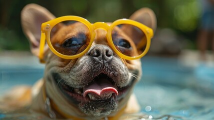 Funny happy dog in summer vacations, generated with AI - obrazy, fototapety, plakaty