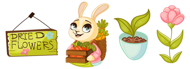 Set of cute colorful Spring collection of animals, flowers and decorations. For poster, card, scrapbooking , stickers