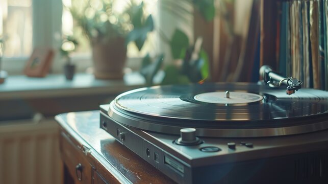 A UHD close-up of a vintage record player with a curated collection of vinyl records, inviting you to unwind and enjoy the warm, nostalgic sound of music in a retro-inspired living space.