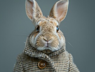 Fashion-forward rabbit in houndstooth jacket portrait, gray background, generated with AI