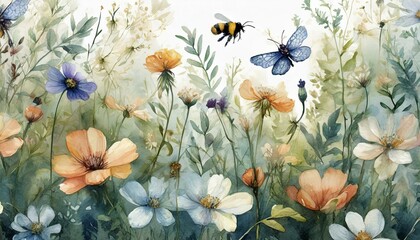 cute flowers and insects in the garden - obrazy, fototapety, plakaty