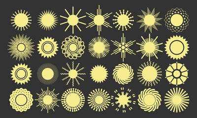 Twenty-eight stylized images of the sun on a dark background. Set of vector icons